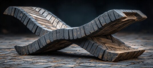 a close-up view of a unique wooden sculpture resembling a double X, made of thick, textured wood