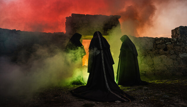 Three mysterious hooded figures performing ancient ritual ceremony amid glowing ruins under dramatic crimson sky - Powered by Adobe