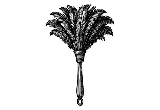 A detailed black and white feather duster is displayed in a vintage, engraved style &mdash; stock illustration.