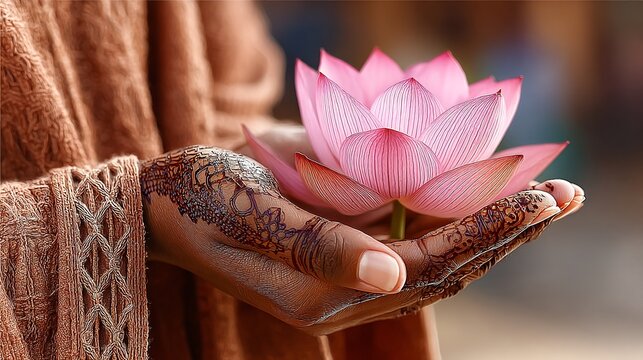 a close-up view of a person's hand holding a pink lotus flower