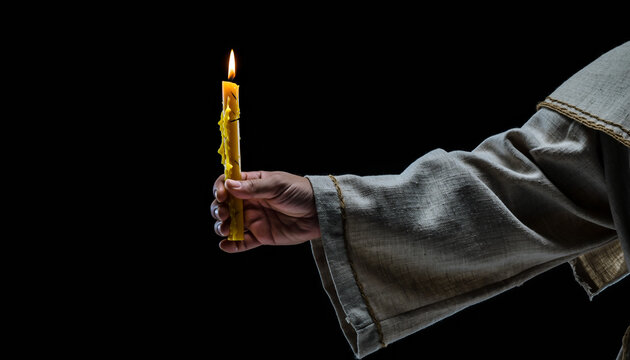 Ancient monastery ritual captured through flickering candlelight illuminating weathered hands in sacred ceremony