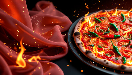 Burning Italian pizza with hot chili peppers on a black background in a fire flame, horizontal banner, free space for text and copy, Italian cuisine, great for pizzeria, cafe, advertising