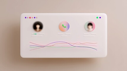 An abstract, 3D-rendered interface displaying blurred profile pictures, a phone icon, and data visualization elements, set against a soft background.