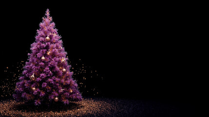 Violet purple Christmas tree on black background, horizontal banner, free space for text and copy, sparkling Christmas tree illustration for background, card, banner design