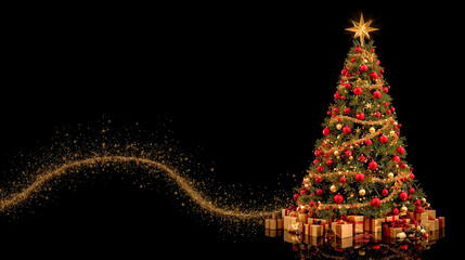 Christmas tree with star on black background, horizontal banner, free space for text and copy, sparkling Christmas tree illustration for background, card, banner design