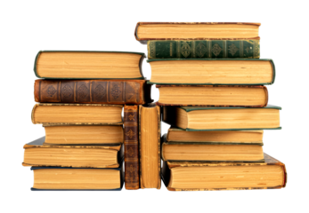 Many old vintage antique books are stacked in an uneven arrangement, showcasing their worn leather and fabric covers, yellowed pages, and classic scholarly aesthetic with rich textures