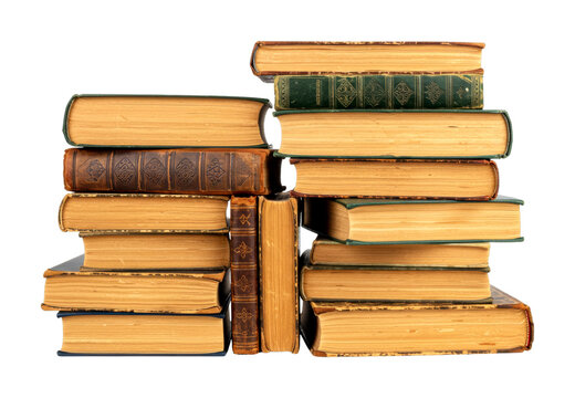 Many old vintage antique books are stacked in an uneven arrangement, showcasing their worn leather and fabric covers, yellowed pages, and classic scholarly aesthetic with rich textures - Powered by Adobe