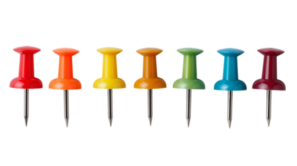 Colorful Pushpins in a Row, Isolated on White