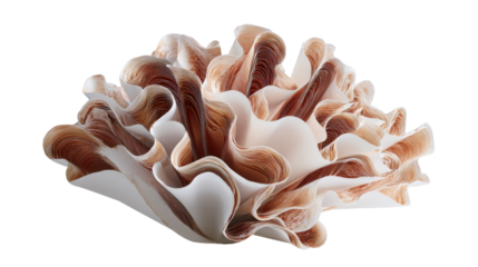 Abstract paper sculpture forming organic wavy ruffles with flowing beige and brown folded layers, transparent background