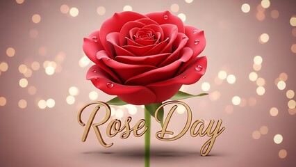 Single red rose with golden rose day text and bokeh lights background