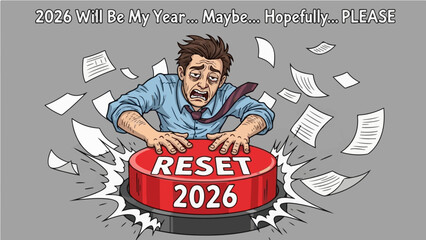 Stressed man desperately slamming big red 2026 reset button funny New Year concept illustration