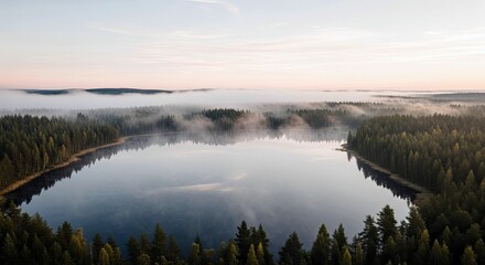 Fototapeta premium An aerial view of a lake surrounded by a dense forest, with fog rolling over the trees and water, under a soft, early morning light.