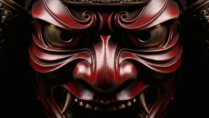 Fierce Red Japanese Samurai Mask Close Up on Black Background