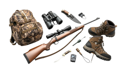 Essential hunting and outdoor gear collection displayed, featuring a rifle, binoculars, boots, and various accessories, arranged neatly for an adventurous expedition