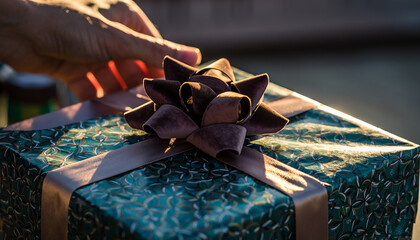 Elegant hand adjusting luxurious velvet bow on beautifully wrapped gift box during golden hour lighting