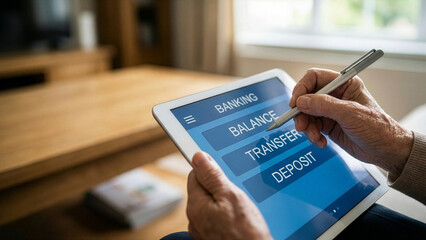 Digital banking tech on silver tablet screen enables easy transfer and deposit for wealth management in modern economy