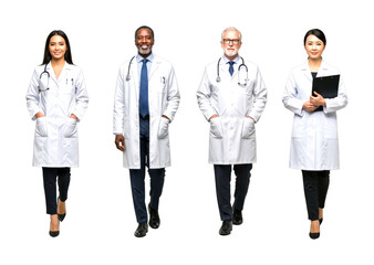Four diverse medical professionals wearing white lab coats confidently walk forward, presenting a professional and collaborative team ready to provide healthcare