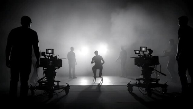 Silhouetted camera crew filming actor on foggy studio set with bright backlight creating dramatic production and performance atmosphere scene
