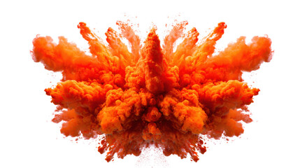 Volumetric orange explosion with rising burst of smoke and powder, abstract fiery blast on a clear background