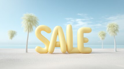 Yellow balloons shaped as the word sale stand on a serene beach with palm trees, creating a vibrant and inviting atmosphere for promotions