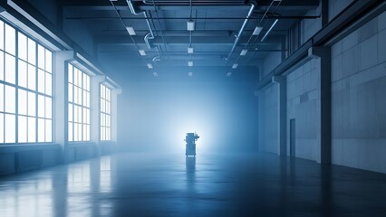 Eerie industrial machinery in an empty hall casting a mysterious aura