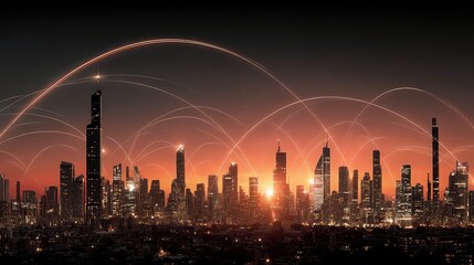 City Skyline with Network Lines at Sunset
