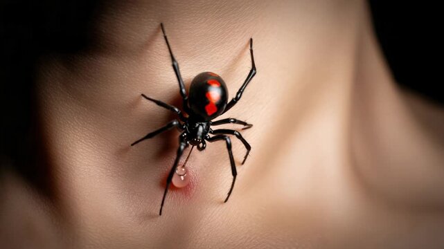 A detailed view of a black widow spider biting a human neck, creating a sense of unease