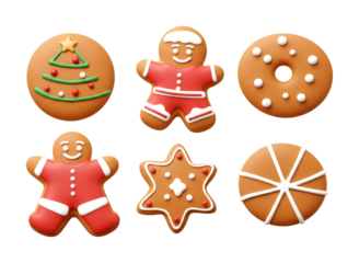 Six festive gingerbread cookies decorated with colorful icing, including smiling men, a Christmas tree, and star shapes, presented in a cheerful and inviting 3D style