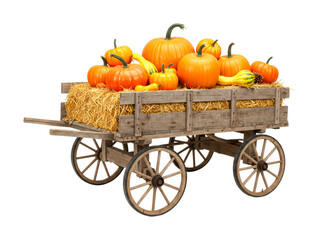Fototapeta premium Rustic wooden wagon filled with vibrant orange pumpkins, colorful gourds, and golden hay, showcasing a festive autumn harvest display with warm, inviting light