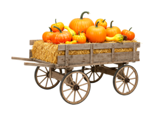 Rustic wooden wagon filled with vibrant orange pumpkins, colorful gourds, and golden hay, showcasing a festive autumn harvest display with warm, inviting light