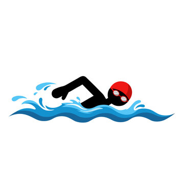 Person Wearing Red Swimming Cap and Goggles Dives Into Blue Wavy Water With Splash and Bubbles Sports Recreation Outdoor Activity