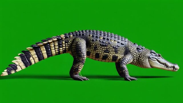 Crocodile walking across a green screen surface with its tail extended behind it slowly moving crocodile green screen video