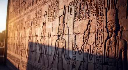 Close-up of ancient Egyptian wall carvings illuminated by sunlight, showcasing intricate details and historical significance.