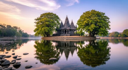 Fototapeta premium A beautiful landscape featuring an ancient temple on a small island in a lake, surrounded by trees and reflecting in the water during sunset.