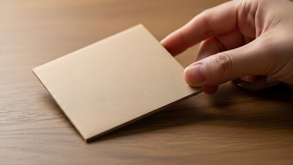 Human hand holds blank kraft square card on a wooden desk texture