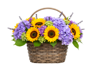 Woven basket filled with vibrant sunflowers, hydrangeas, and lavender sprigs creates a beautiful, cheerful, and fresh floral arrangement, captured with bright, natural light