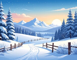 Snowy landscape with trees, mountains, a road, and a rising sun