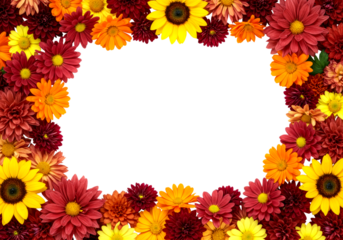 Colorful autumn flower frame featuring vibrant sunflowers, chrysanthemums, and dahlias in a rich palette of yellow, orange, and deep red, creating a beautiful border