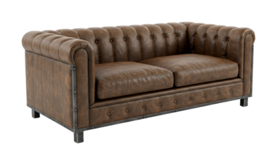 This classic brown distressed leather two-seater sofa features elegant tufted upholstery, rolled arms, and a distinctive industrial metal frame with rivets, presented with even lighting