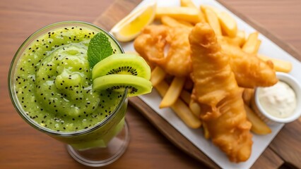Delightful Kiwi Smoothie Fusion and Fish with Fries, a Flavorful Food Synergy