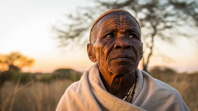 Elderly man portrait and elderly woman portrait with facial scarification, beaded necklace and blanket sunset savanna showing contemplative wrinkles