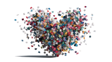 Many colorful puzzle pieces creating a heart symbol, representing togetherness, support, and finding solutions. Transparent background