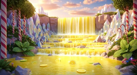 Enchanting golden lemonade waterfall cascades through a vibrant fantasy candy land, a sweet dreamscape with crystal formations and lush sugary plants