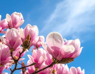 Soft pink flowers blooming against a bright, clear blue sky