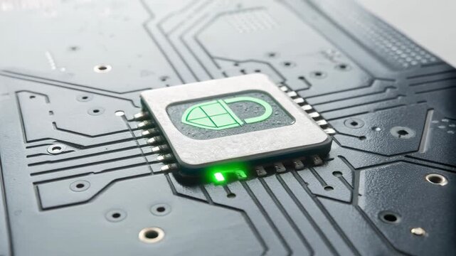 Secure microchip circuit board glowing green padlock and indicator lights conveying cybersecurity protection semiconductor motherboard electronic