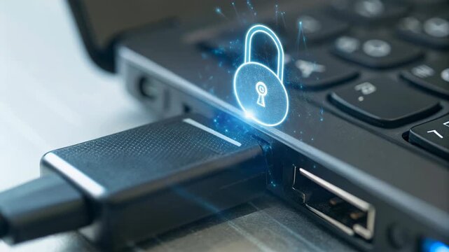 Encrypted flash drive connecting to laptop USB port with glowing hologram lock icon for data security and encryption, secure flash drive transfer