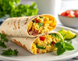Stacked breakfast wraps with scrambled eggs and fresh ingredients