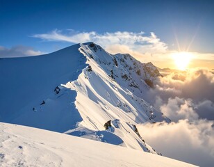 Snowy mountain range at sunrise, sunlight peeking through clouds