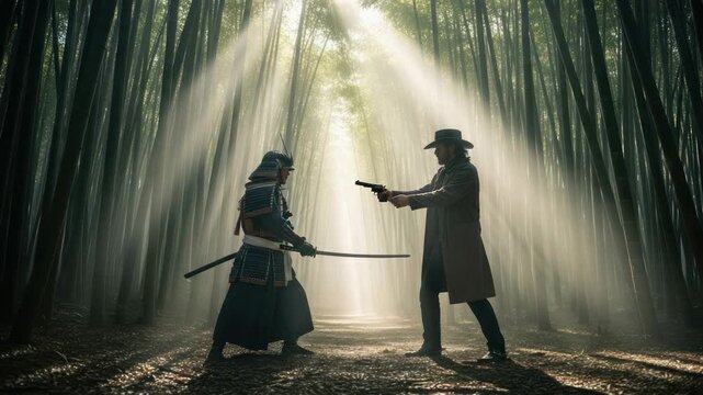 Epic Showdown: Samurai Versus Gunslinger in Enchanted Forest, Action-Packed Duel with Dramatic