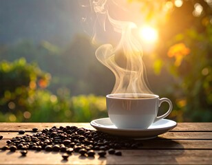 Steaming coffee cup with beans on wooden table bathed in sunlight